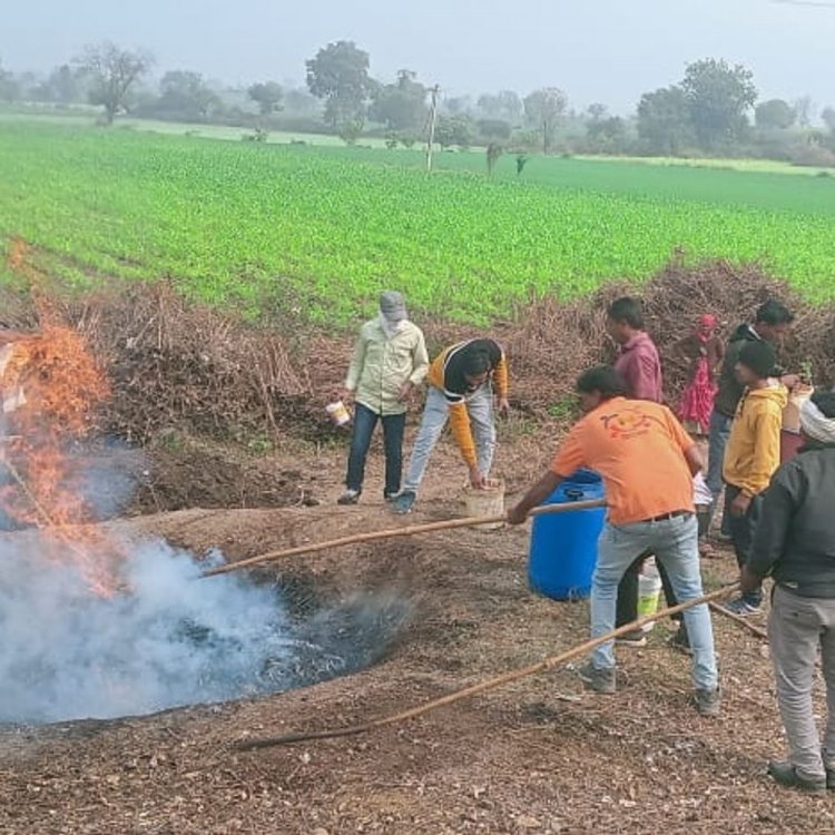 खरगोन की मिट्टी में 0.3 से 0.4 प्रतिशत कार्बन:विशेषज्ञों ने किसानों को कपास की काठी से सिखाया मैनेज करने का तरीका